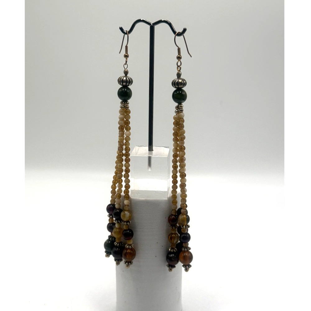 Boho Multi Strand Earth Tone Stone Bead Long Dangle Waterfall Earrings 6.5"